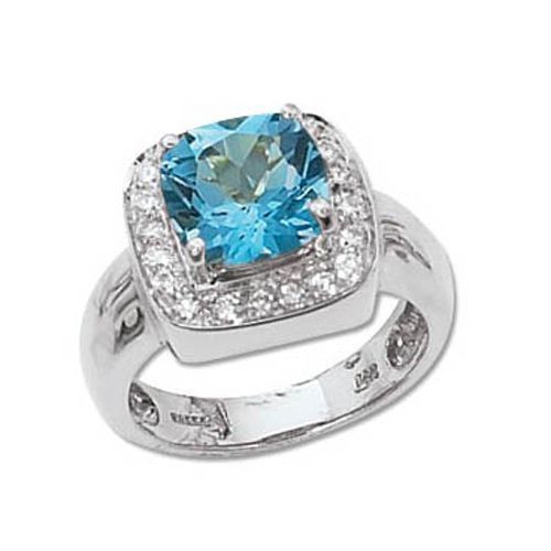 Cushion Swiss Blue Topaz & Diamond Ring - 14K White Gold Size 7 - 70698BTWG