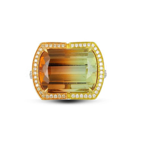 Cushion Watermelon Tourmaline set in a combination of Yellow, Pink and White Gold.