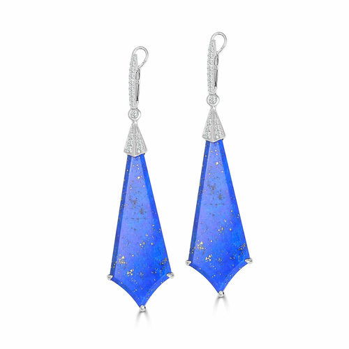 Deco Fan Shape Lapis and Diamond Earrings