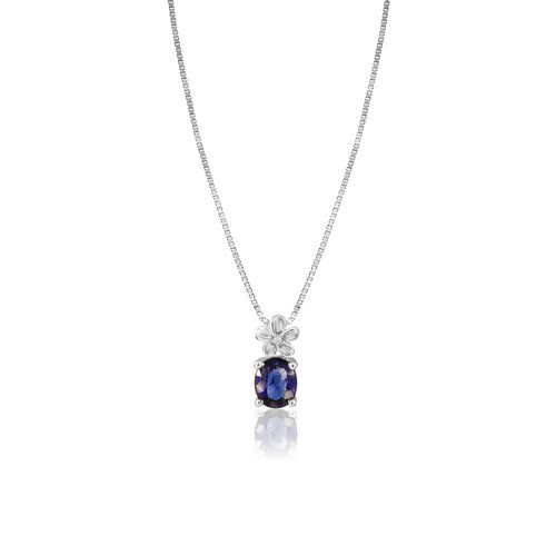 Diamond Flower Pendant with Oval Blue Sapphire, Hawaiian Inspired Pendant, PSP-0087-WG