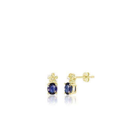 Diamond Plumeria Earrings W/ Oval Sapphire, Hawaiian Inspired  Earrings, PSE-0043