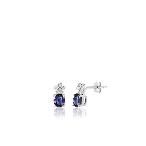 Diamond Plumeria Earrings W/ Oval Sapphire, Hawaiian Inspired Earrings, PSE-0043-WG