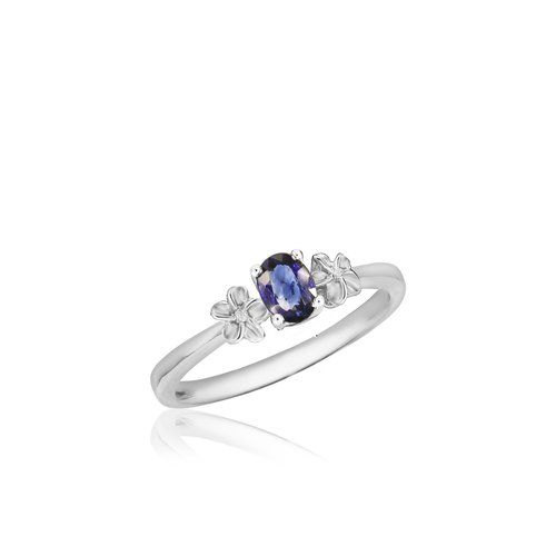 Diamond Plumeria Ring W/ Oval Sapphire, Hawaiian Inspired Ring, PSR-0028-WG