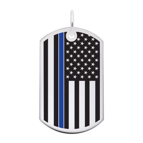 Dog Tag Usa Flag - Blue Line Charm Sterling Silver -10-8399-72-ss