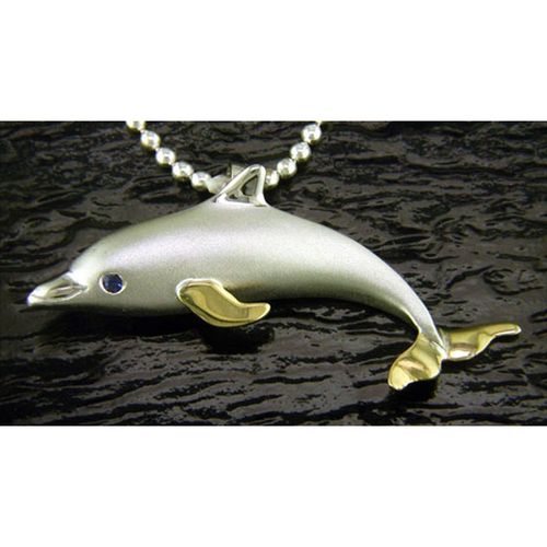 Dolphin Pendant with Blue Sapphires - Sterling Silver and 14K Gold  - SD-SGP018
