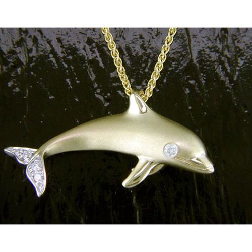 Dolphin with Diamond Pendant - 14K Gold  - SD-FP013D