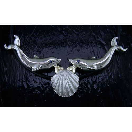 Dolphins and Scallop Shell Necklace - Sterling Silver and 14K Gold  - SD-SGN024-18