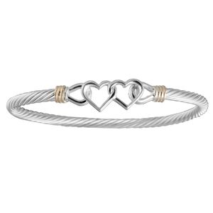 Double Heart Cable Hook Bracelet - Silver & 14K Gold 3.5mm 7 Inch