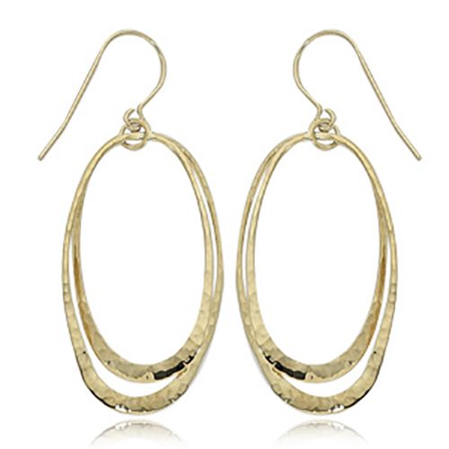 Dual Oval Hammered Orbit Drop Earrings - 14K Yellow Gold