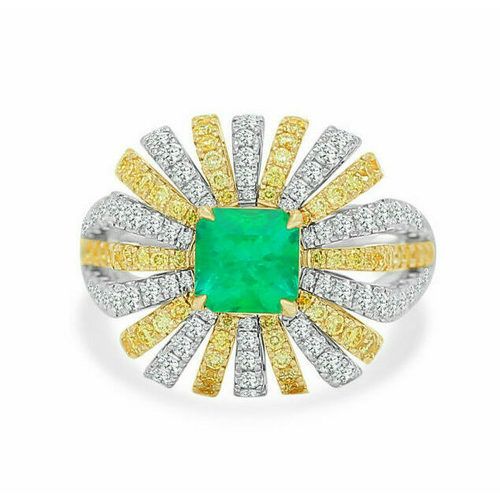 Emerald Center, Yellow & White Alternating Diamond Cushion Blossom Semi Mount Ring