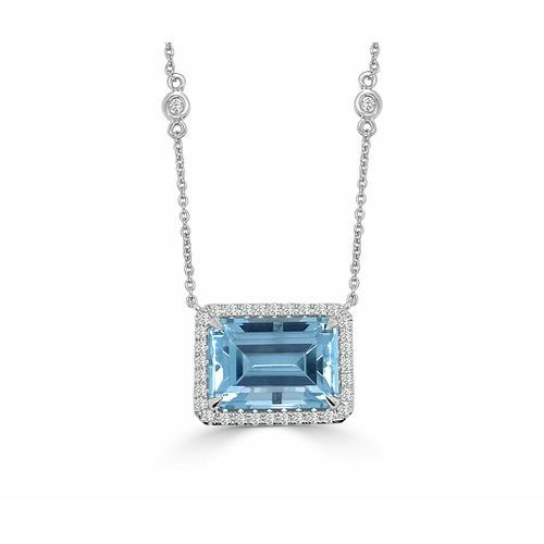 Emerald Cut Rectangular Aqua & Diamond Halo, One Of A Kind Pendant
