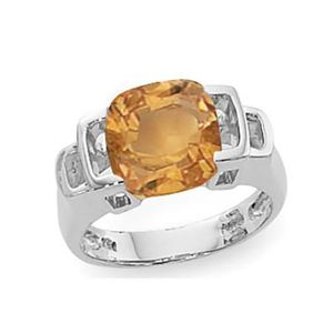 Faceted Cushion Citrine Ring - 14K White Gold Size 7