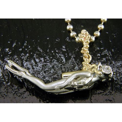 Female Diver Pendant with White Sapphire - Sterling Silver and 14K  - SD-SGP644