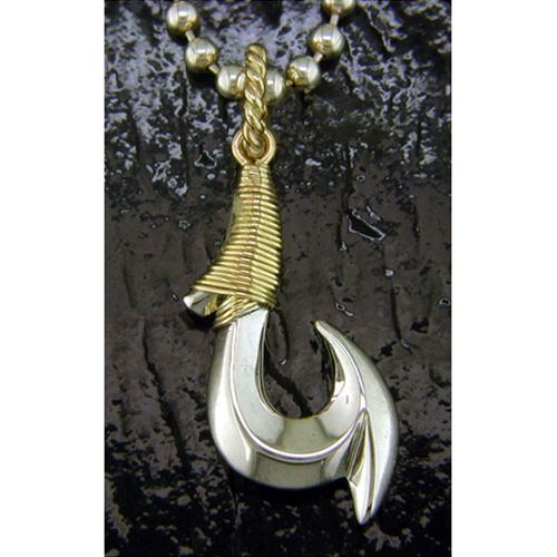Fish Hook Fish Line Pendant - Sterling Silver and 14K Gold  - SD-SGP655
