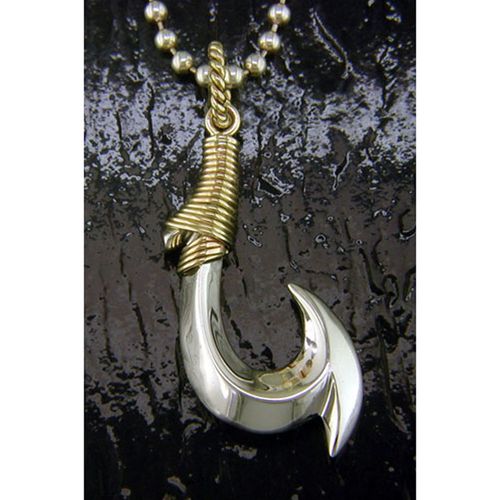 Fishing Line Medium Fish Hook Pendant - Sterling Silver and 14K Gold  - SD-SGP650