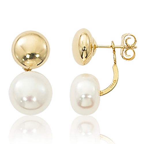 Flat Ball with Freshwater Pearl Drop Earrings - 14K Yellow Gold