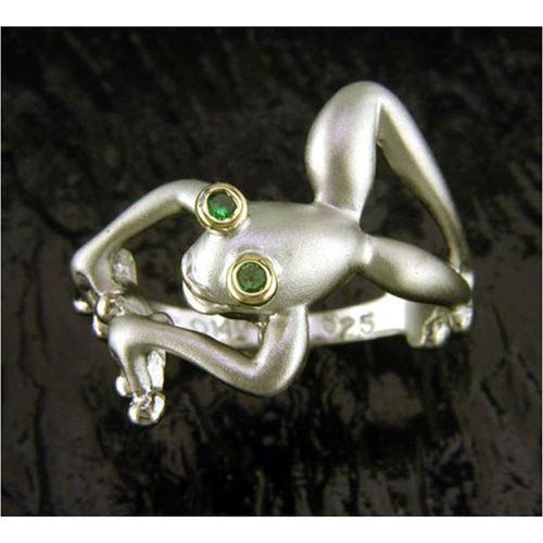 Frog Ring with Tsavorites - Sterling Silver and 14K Gold  - SD-SGR205