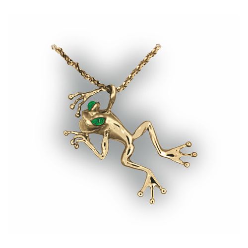 Frog with Emerald Eyes Pendant - 14K Yellow Gold