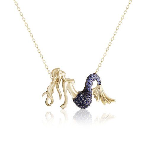 Gold Blue Sapphire Mermaid Pendant Necklace, Hawaiian Inspired Necklace, SMN-36081