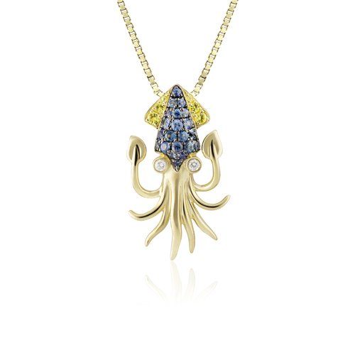 Gold Blue Sapphire Squid Diamond Pendant, Hawaiian Inspired  Pendant, SSP-36062