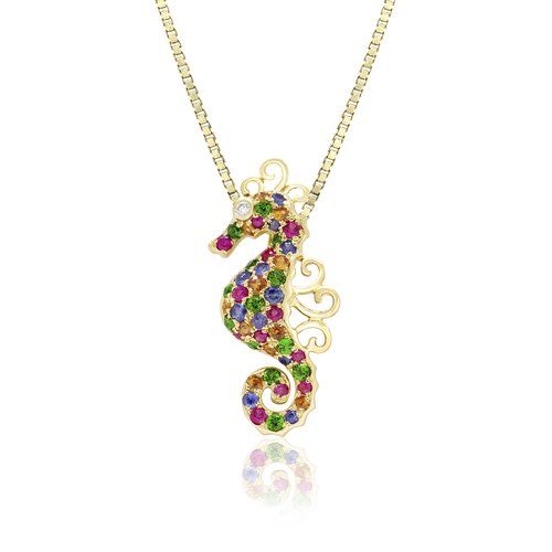 Gold Curls Multi Sapphire Seahorse Pendant, Hawaiian Inspired  Pendant, SHP-36070/MSD
