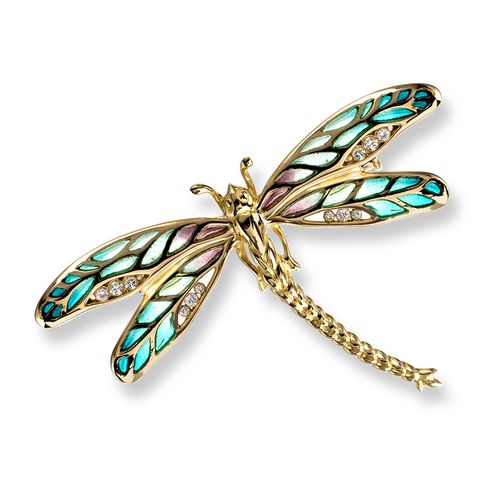 Green Plique-a-Jour Dragonfly Brooch  18K -Diamonds  - NBG033WA