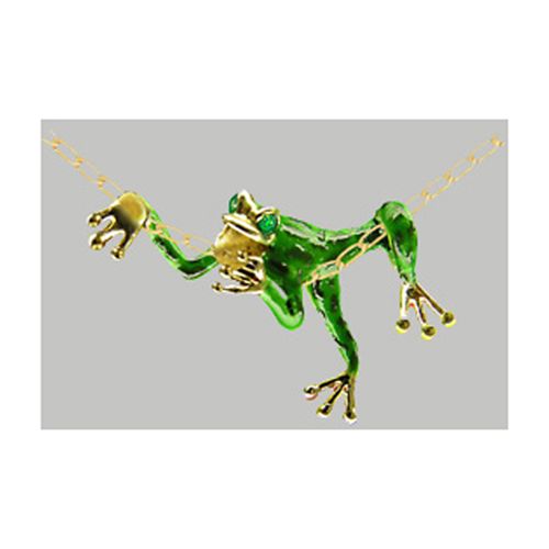 Green Mini Frog Enamel Pendant - 14K Yellow Gold