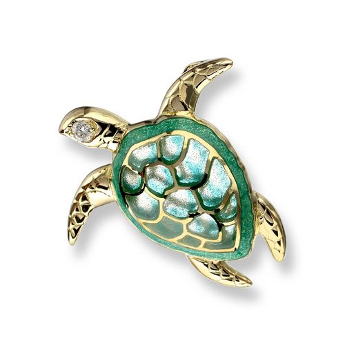 Green Turtle Pendant 18K -Diamond - Plique-a-Jour - NNG044WA-X