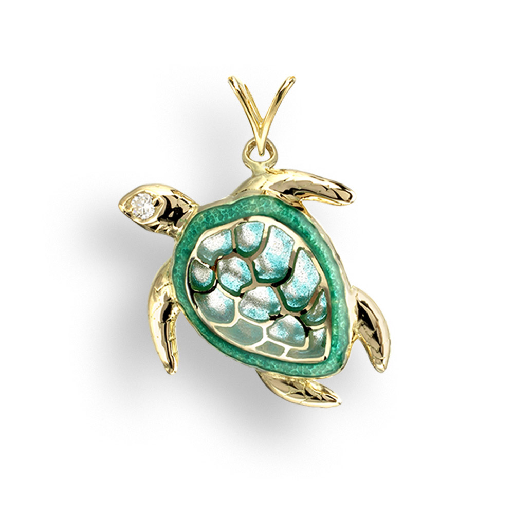 Green Turtle Pendant 18K -Diamond - Plique-a-Jour - NNG048WA-X
