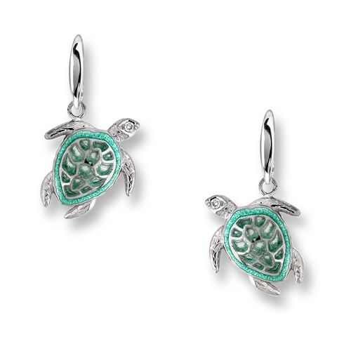 Green Turtle Wire Earrings Sterling Silver-White Sapphires - Plique-a-Jour - NW0170YB