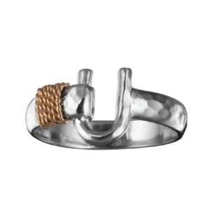 Hammered Caribbean Hook Ring - Sterling Silver & 14K Gold 4mm Size 7