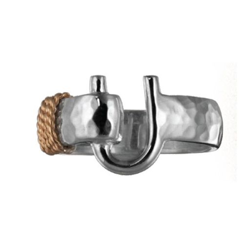 Hammered Caribbean Hook Ring - Sterling Silver & 14K Gold 6mm Size 8