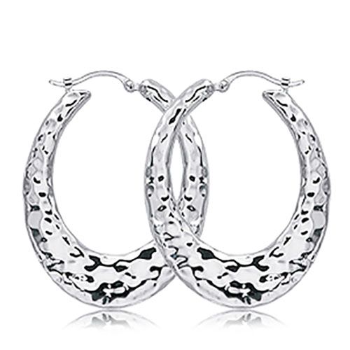 Hammered Oval Flat Hoop Earrings - Sterling Silver