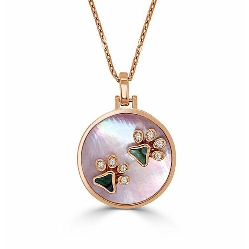 Happy Double Paw Pink Mother of Pearl, Abalone & Diamond Round Pendant