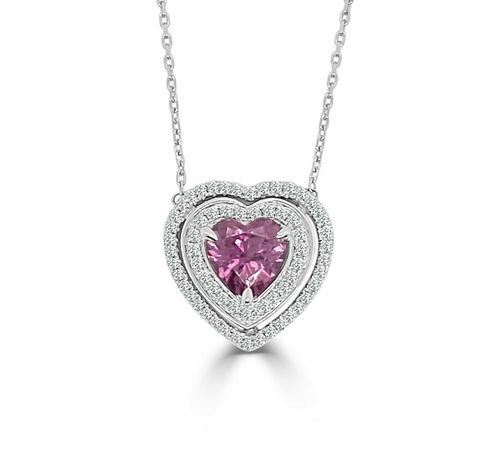 Heart Shape Pink Sapphire Center Stone With Diamond Halo Pendant