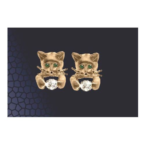 Kitten with Diamond Stud Earrings - 14K Yellow Gold