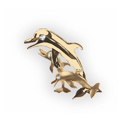 Large Dolphin School Pendant  with Diamond Eyes - 14K Yellow Gold