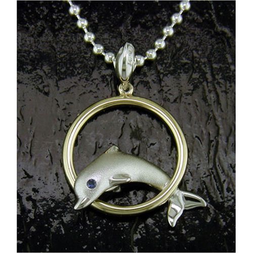 Large Dolphin Through Hoop Pendant - Sterling Silver and 14K Gold  - SD-SGP010