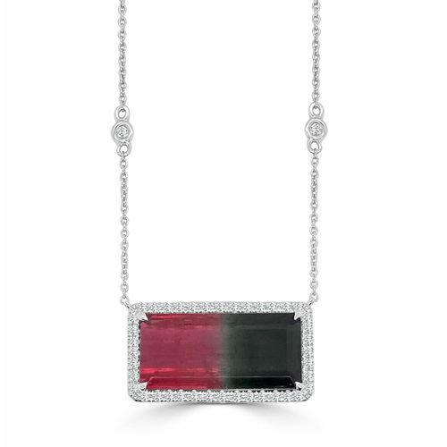 Large Emerald Cut Bi &#8211; Color Watermelon Tourmaline & Diamond Halo With Chain