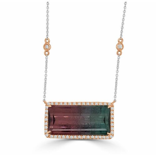 Large Emerald Cut Bi Color Watermelon Tourmaline & Diamond Halo With Chain