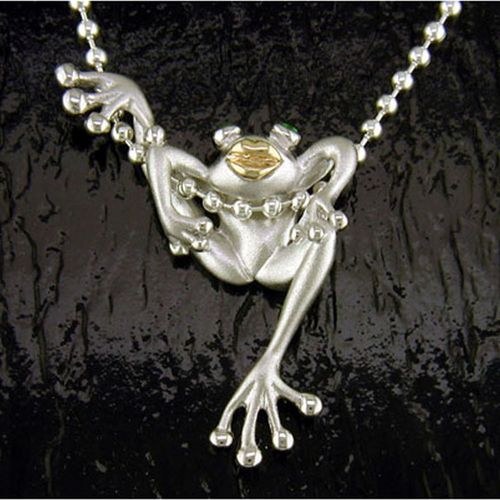 Large Hanging Frog Pendant - Sterling Silver and 14K Gold  - SD-SGP200