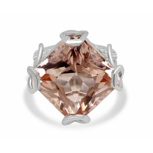 Large Princess Cut Morganite and Diamond One of Kind Ring