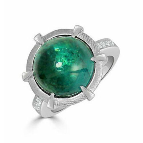 Large Round Cab Green Tourmaline On Satin Round Halo & Diamond Shank One Of A Kind Ring