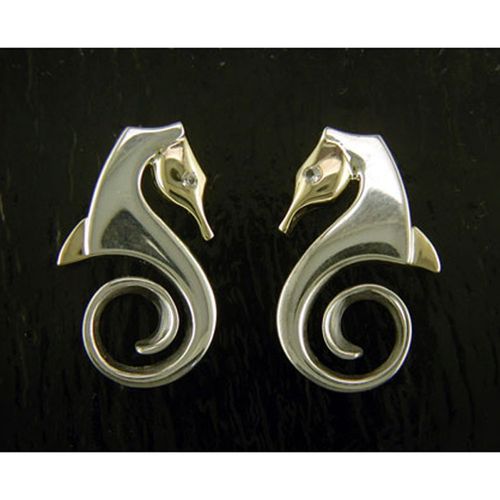Large Sea Horse Earrings - Sterling Silver and 14K Gold  - SD-SGE608