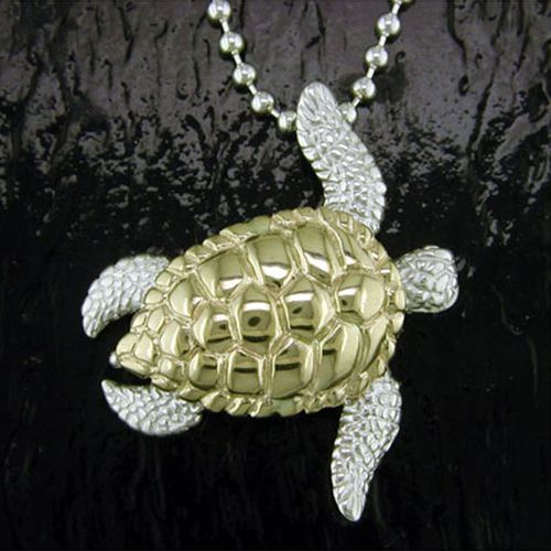 Large Sea Turtle Pendant - Sterling Silver and 14K Gold  - SD-SGP625