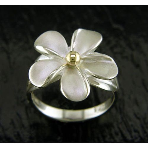 Large Size Plumeria Ring - Sterling Silver and 14K Gold  - SD-SGR708
