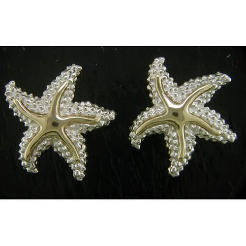 Large Star Fish Stud Earrings - Sterling Silver and 14K Gold  - SD-SGE336