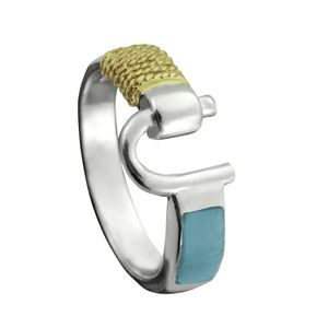 Larimar Inlay Hook Ring - Sterling Silver & 14K Gold Size 7.0