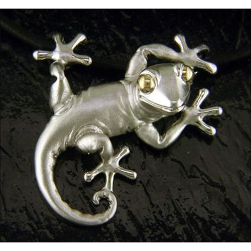 Leather Cord Gecko Necklace - Sterling Silver and 14K Gold  - SD-SGN570-18