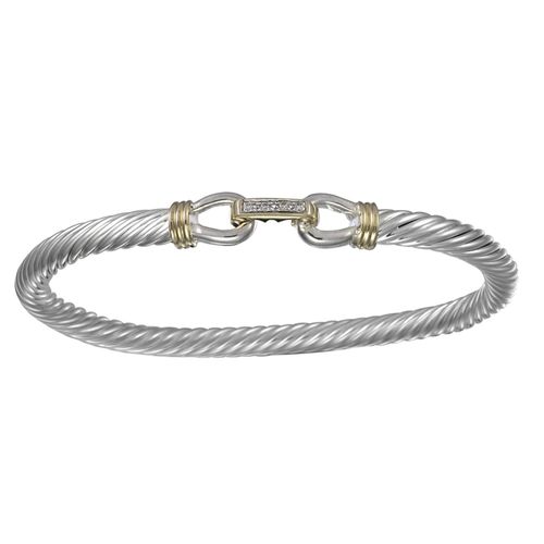Link Cable Hook Bracelet with Diamond - Silver & 14K Gold 6.5 Inch